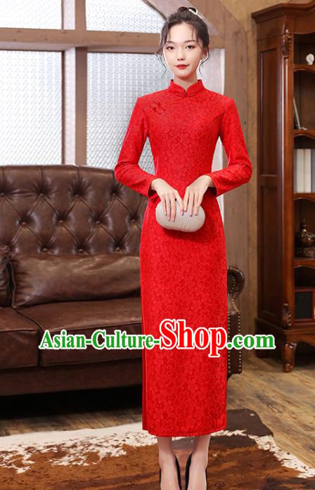 Chinese Classical Wedding Red Lace Qipao Dress Traditional National Costume Bride Cheongsam Chinese Classical Wedding Red Lace Qipao Dress Traditional National Costume Bride Cheongsam