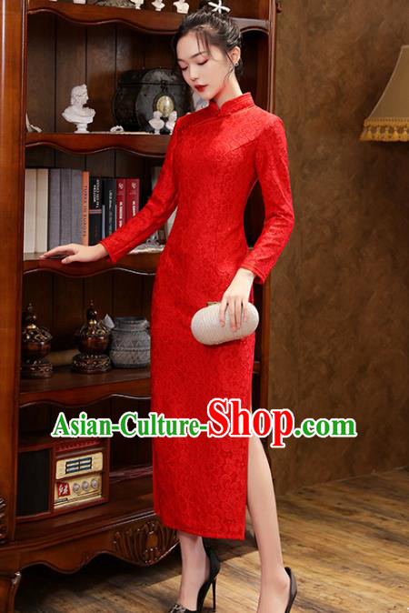 Chinese Classical Wedding Red Lace Qipao Dress Traditional National Costume Bride Cheongsam Chinese Classical Wedding Red Lace Qipao Dress Traditional National Costume Bride Cheongsam