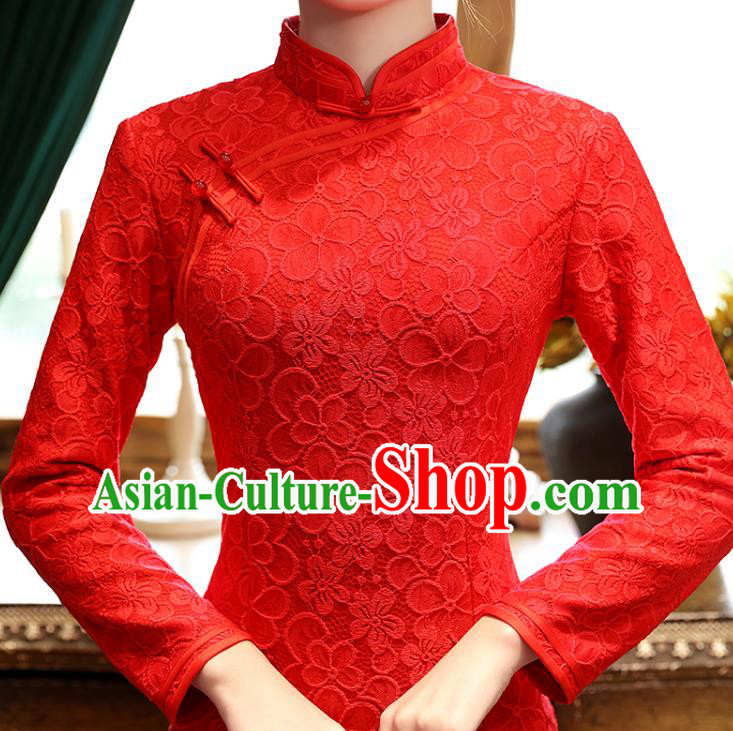 Chinese Classical Wedding Red Lace Qipao Dress Traditional National Costume Bride Cheongsam Chinese Classical Wedding Red Lace Qipao Dress Traditional National Costume Bride Cheongsam