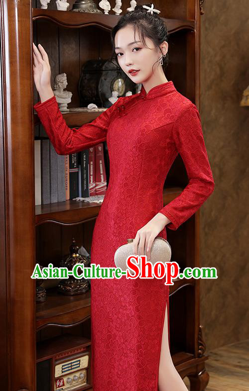 Chinese Traditional National Costume Bride Cheongsam Classical Wedding Dark Red Lace Qipao Dress Chinese Traditional National Costume Bride Cheongsam Classical Wedding Dark Red Lace Qipao Dress