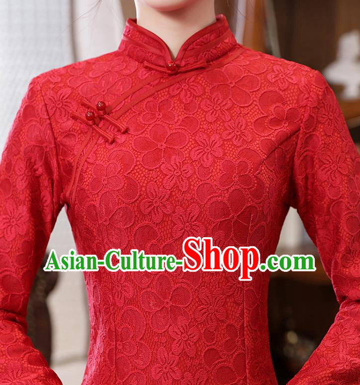 Chinese Traditional National Costume Bride Cheongsam Classical Wedding Dark Red Lace Qipao Dress Chinese Traditional National Costume Bride Cheongsam Classical Wedding Dark Red Lace Qipao Dress