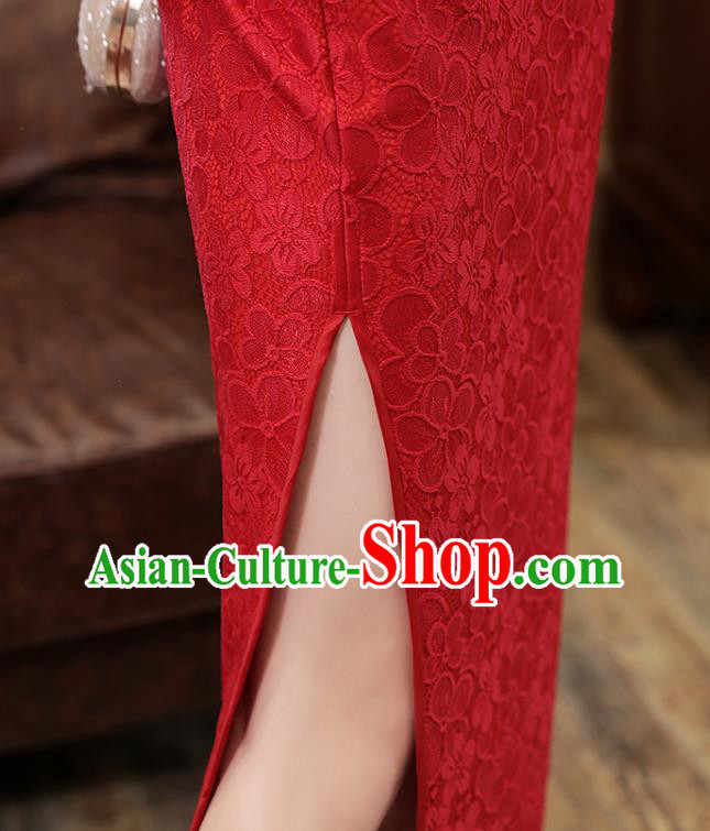 Chinese Traditional National Costume Bride Cheongsam Classical Wedding Dark Red Lace Qipao Dress Chinese Traditional National Costume Bride Cheongsam Classical Wedding Dark Red Lace Qipao Dress