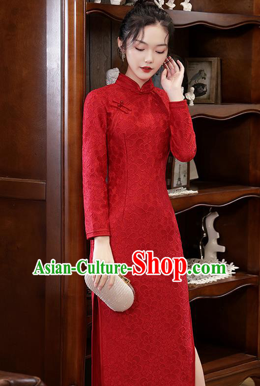 Chinese Traditional National Costume Bride Cheongsam Classical Wedding Dark Red Lace Qipao Dress Chinese Traditional National Costume Bride Cheongsam Classical Wedding Dark Red Lace Qipao Dress