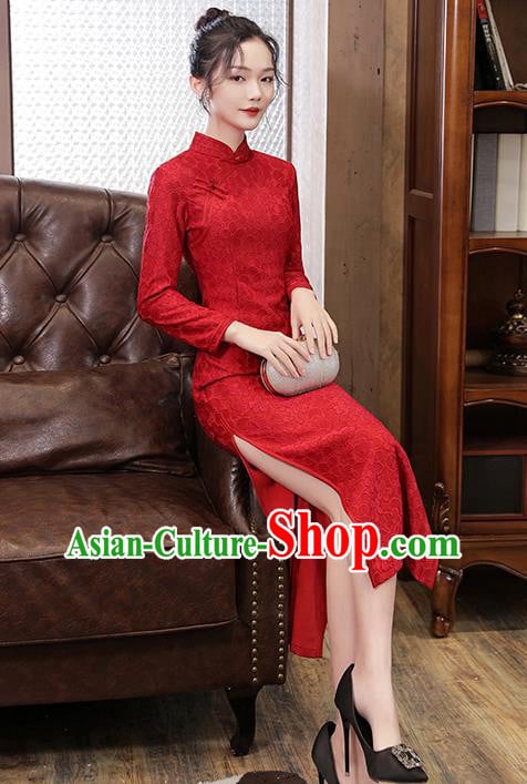 Chinese Traditional National Costume Bride Cheongsam Classical Wedding Dark Red Lace Qipao Dress Chinese Traditional National Costume Bride Cheongsam Classical Wedding Dark Red Lace Qipao Dress