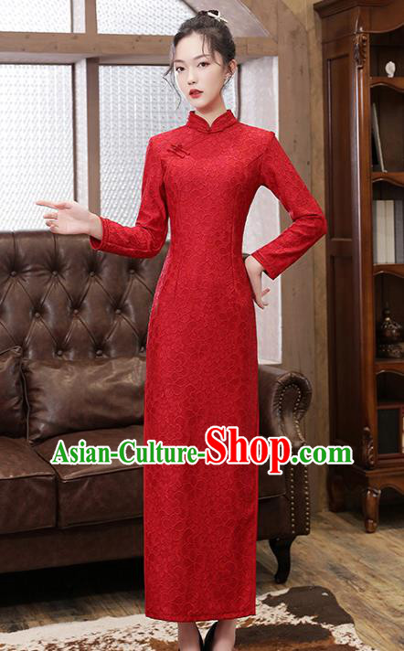 Chinese Traditional National Costume Bride Cheongsam Classical Wedding Dark Red Lace Qipao Dress Chinese Traditional National Costume Bride Cheongsam Classical Wedding Dark Red Lace Qipao Dress