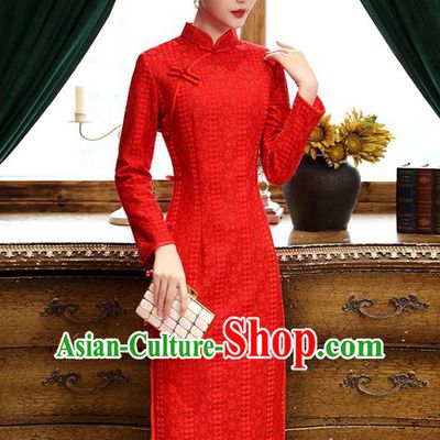 Chinese Bride Red Cheongsam Classical Wedding Qipao Dress Traditional National Toast Costume