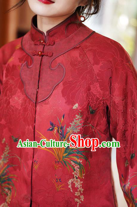China Tang Suit Overcoat National Women Clothing Classical Orchids Pattern Red Silk Jacket China Tang Suit Overcoat National Women Clothing Classical Orchids Pattern Red Silk Jacket