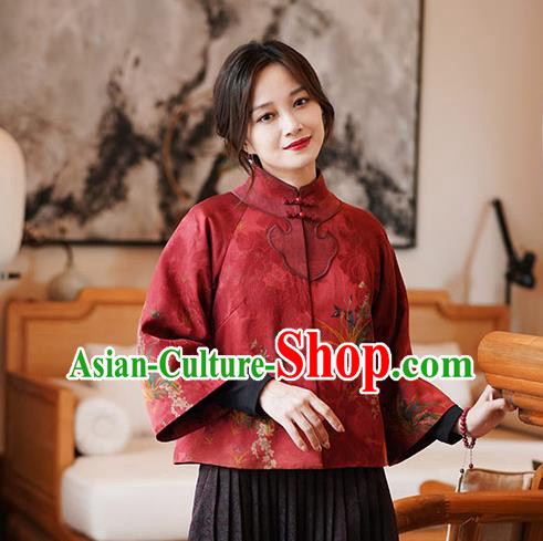China Tang Suit Overcoat National Women Clothing Classical Orchids Pattern Red Silk Jacket China Tang Suit Overcoat National Women Clothing Classical Orchids Pattern Red Silk Jacket