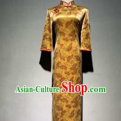 China Golden Brocade Cheongsam Catwalks Stage Performance Costume Classical Dance Qipao Dress