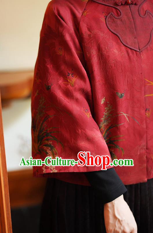 China Tang Suit Overcoat National Women Clothing Classical Orchids Pattern Red Silk Jacket China Tang Suit Overcoat National Women Clothing Classical Orchids Pattern Red Silk Jacket