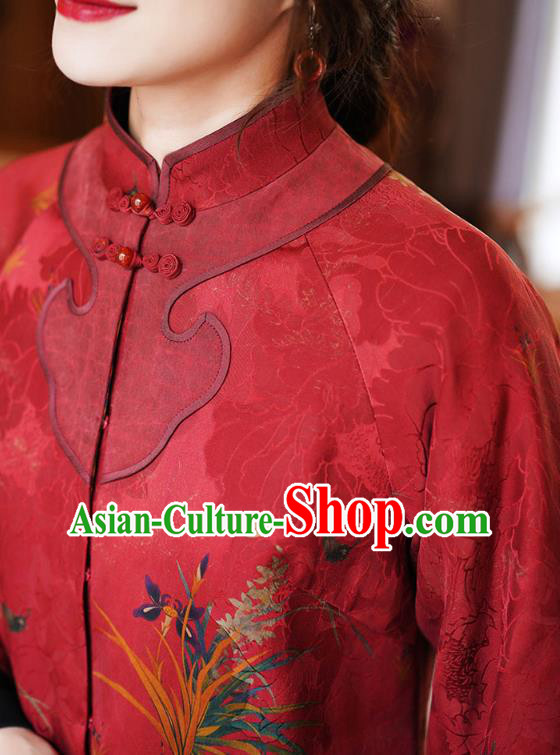 China Tang Suit Overcoat National Women Clothing Classical Orchids Pattern Red Silk Jacket China Tang Suit Overcoat National Women Clothing Classical Orchids Pattern Red Silk Jacket