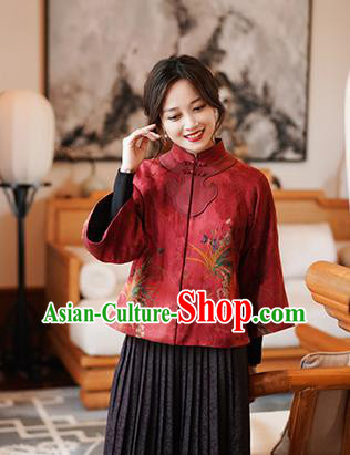 China Tang Suit Overcoat National Women Clothing Classical Orchids Pattern Red Silk Jacket China Tang Suit Overcoat National Women Clothing Classical Orchids Pattern Red Silk Jacket