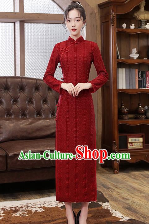 Chinese Classical Wedding Qipao Dress Traditional National Toast Costume Bride Purplish Red Cheongsam Chinese Classical Wedding Qipao Dress Traditional National Toast Costume Bride Purplish Red Cheongsam