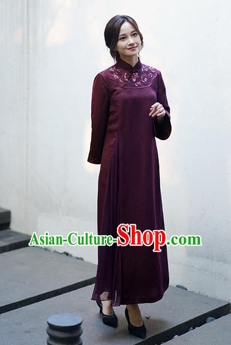 Republic of China Classical Embroidered Qipao Dress National Female Wine Red Silk Cheongsam Republic of China Classical Embroidered Qipao Dress National Female Wine Red Silk Cheongsam