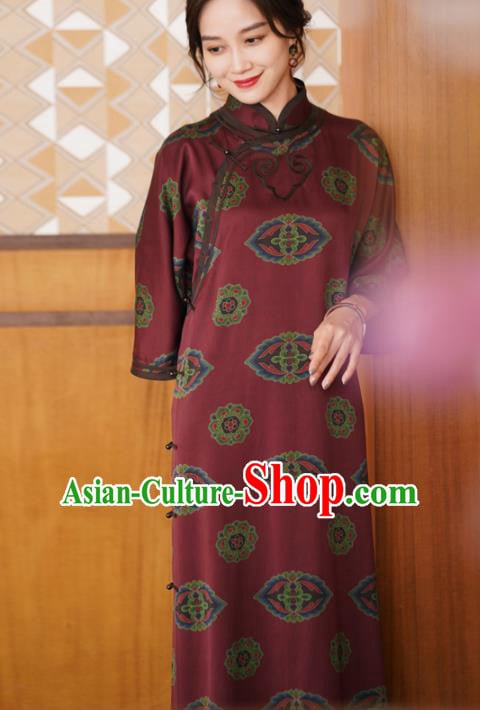 Republic of China Classical Dark Red Silk Cheongsam National Female Qipao Dress Costume Republic of China Classical Dark Red Silk Cheongsam National Female Qipao Dress Costume