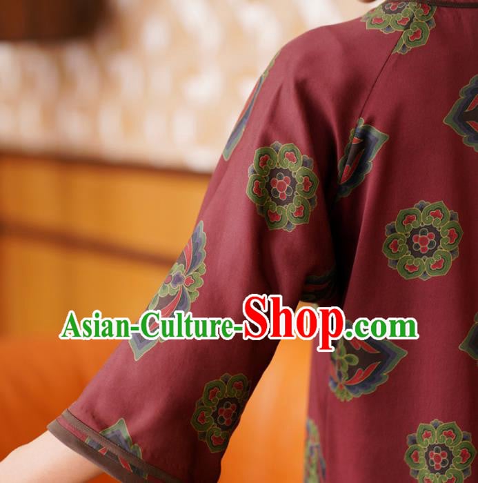 Republic of China Classical Dark Red Silk Cheongsam National Female Qipao Dress Costume Republic of China Classical Dark Red Silk Cheongsam National Female Qipao Dress Costume