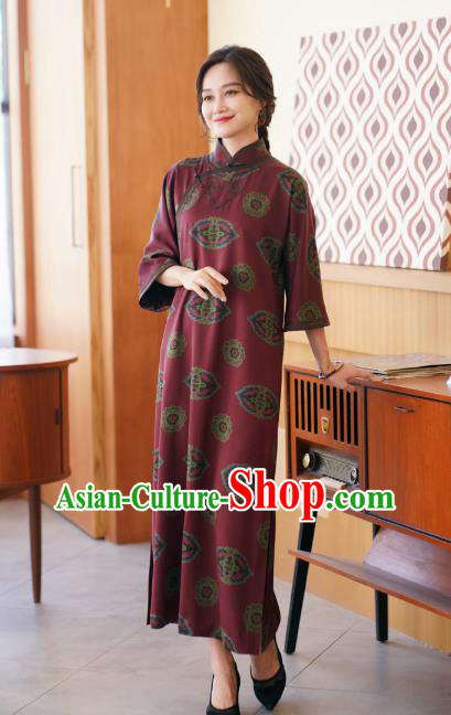 Republic of China Classical Dark Red Silk Cheongsam National Female Qipao Dress Costume Republic of China Classical Dark Red Silk Cheongsam National Female Qipao Dress Costume