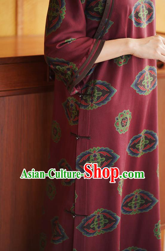 Republic of China Classical Dark Red Silk Cheongsam National Female Qipao Dress Costume Republic of China Classical Dark Red Silk Cheongsam National Female Qipao Dress Costume