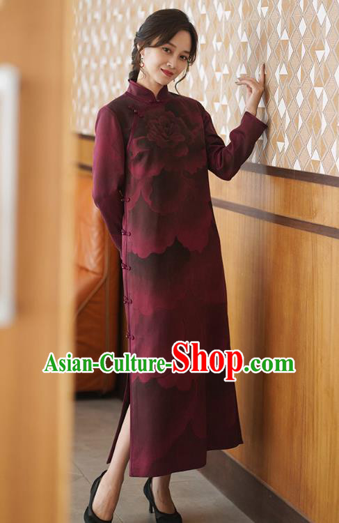China Classical Peony Pattern Wine Red Silk Cheongsam Costume National Young Women Qipao Dress China Classical Peony Pattern Wine Red Silk Cheongsam Costume National Young Women Qipao Dress
