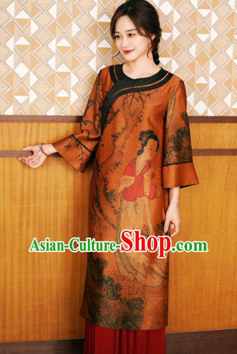 China National Women Clothing Classical Beauty Pattern Orange Silk Long Gown Tang Suit Overcoat China National Women Clothing Classical Beauty Pattern Orange Silk Long Gown Tang Suit Overcoat