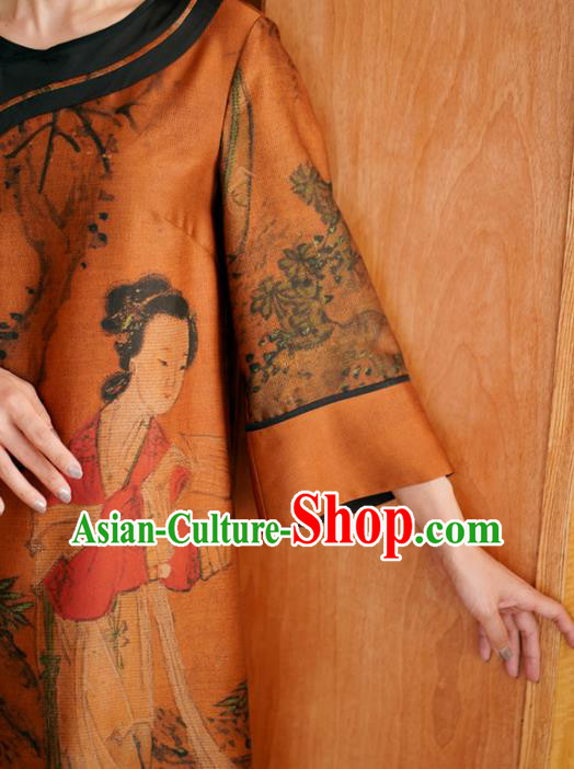 China National Women Clothing Classical Beauty Pattern Orange Silk Long Gown Tang Suit Overcoat China National Women Clothing Classical Beauty Pattern Orange Silk Long Gown Tang Suit Overcoat