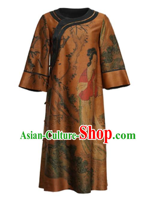 China National Women Clothing Classical Beauty Pattern Orange Silk Long Gown Tang Suit Overcoat China National Women Clothing Classical Beauty Pattern Orange Silk Long Gown Tang Suit Overcoat