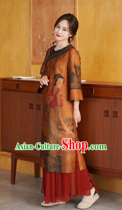 China National Women Clothing Classical Beauty Pattern Orange Silk Long Gown Tang Suit Overcoat China National Women Clothing Classical Beauty Pattern Orange Silk Long Gown Tang Suit Overcoat