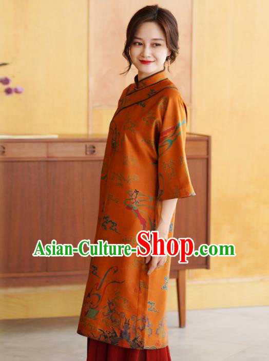 China Tang Suit Overcoat National Women Clothing Classical Goddess Pattern Orange Silk Long Gown China Tang Suit Overcoat National Women Clothing Classical Goddess Pattern Orange Silk Long Gown