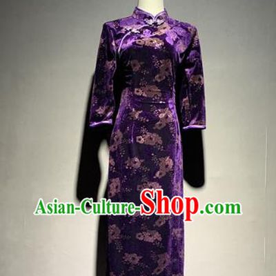 China Shanghai Purple Velvet Qipao Dress Catwalks Stage Performance Costume Mother Cheongsam