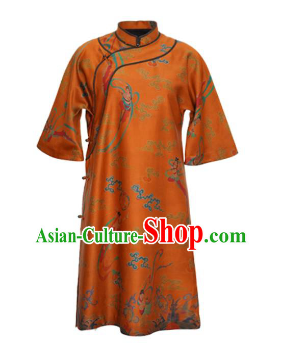 China Tang Suit Overcoat National Women Clothing Classical Goddess Pattern Orange Silk Long Gown China Tang Suit Overcoat National Women Clothing Classical Goddess Pattern Orange Silk Long Gown