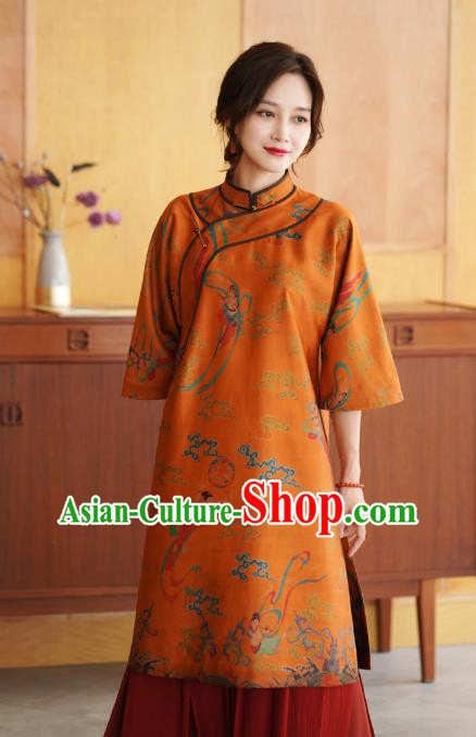 China Tang Suit Overcoat National Women Clothing Classical Goddess Pattern Orange Silk Long Gown China Tang Suit Overcoat National Women Clothing Classical Goddess Pattern Orange Silk Long Gown