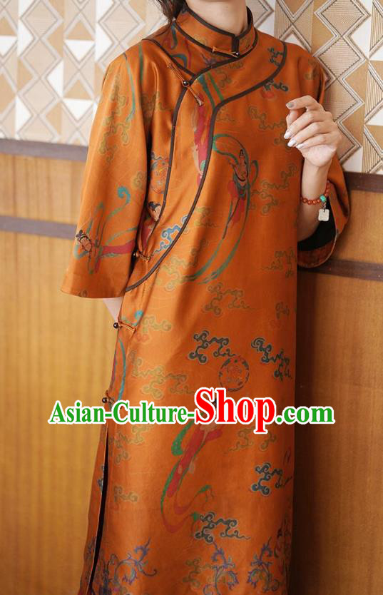 China Tang Suit Overcoat National Women Clothing Classical Goddess Pattern Orange Silk Long Gown China Tang Suit Overcoat National Women Clothing Classical Goddess Pattern Orange Silk Long Gown