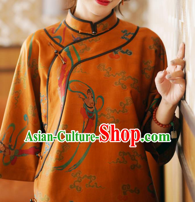 China Tang Suit Overcoat National Women Clothing Classical Goddess Pattern Orange Silk Long Gown China Tang Suit Overcoat National Women Clothing Classical Goddess Pattern Orange Silk Long Gown