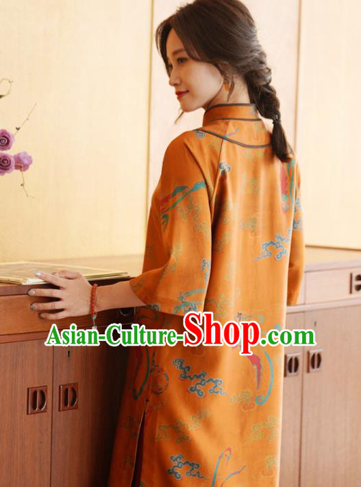 China Tang Suit Overcoat National Women Clothing Classical Goddess Pattern Orange Silk Long Gown China Tang Suit Overcoat National Women Clothing Classical Goddess Pattern Orange Silk Long Gown