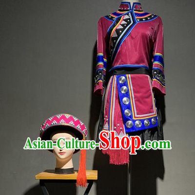 Chinese Tujia Nationality Minority Costumes Xiangxi Ethnic Folk Dance Wine Red Outfits and Headwear