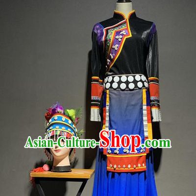 Chinese Lisu Nationality Minority Costumes Yun Ethnic Stage Performance Outfits and Headdress