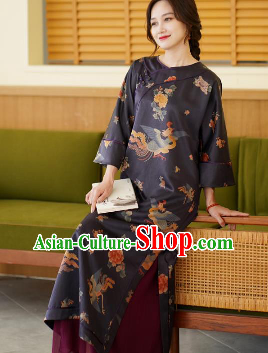 China National Young Women Qipao Dress Classical Phoenix Peony Pattern Purple Silk Cheongsam China National Young Women Qipao Dress Classical Phoenix Peony Pattern Purple Silk Cheongsam