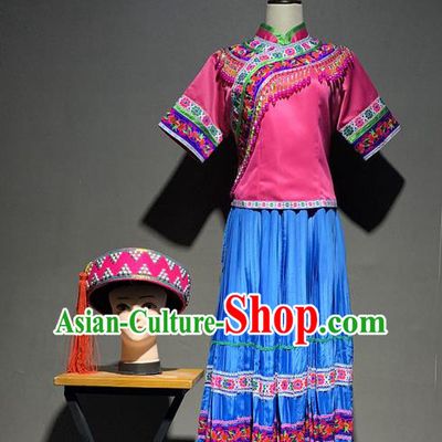 Chinese Yi Nationality Minority Young Lady Costumes Yunnan Ethnic Dance Outfits and Rosy Hat