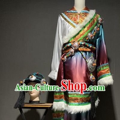 Chinese Zang Nationality Stage Performance Costumes Tibetan Ethnic Minority Male Robe Outfits and Headpiece
