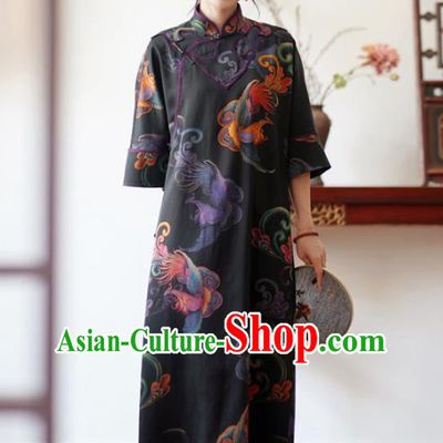 China National Young Women Gambiered Guangdong Gauze Long Qipao Dress Classical Phoenix Pattern Black Silk Cheongsam