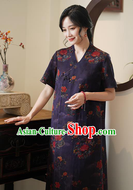 China Classical Purple Silk Cheongsam Dress National Slant Opening Long Qipao China Classical Purple Silk Cheongsam Dress National Slant Opening Long Qipao
