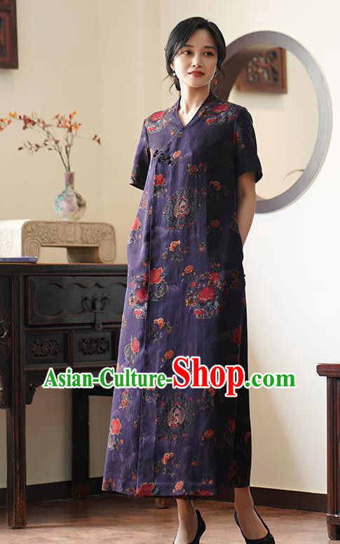 China Classical Purple Silk Cheongsam Dress National Slant Opening Long Qipao China Classical Purple Silk Cheongsam Dress National Slant Opening Long Qipao