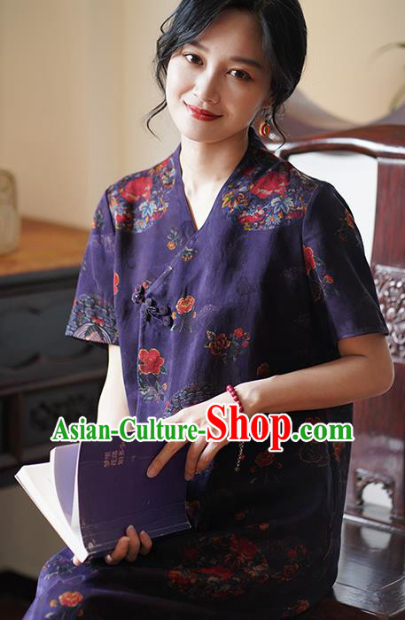 China Classical Purple Silk Cheongsam Dress National Slant Opening Long Qipao China Classical Purple Silk Cheongsam Dress National Slant Opening Long Qipao