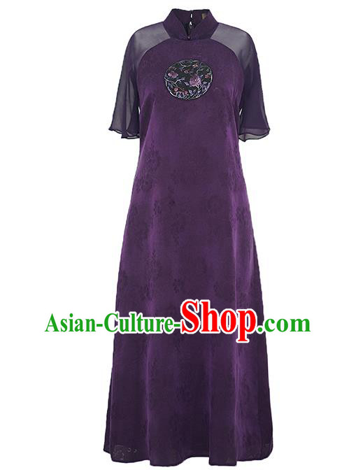 China Classical Embroidered Purple Silk Cheongsam Dress National Stand Collar Qipao Costume China Classical Embroidered Purple Silk Cheongsam Dress National Stand Collar Qipao Costume