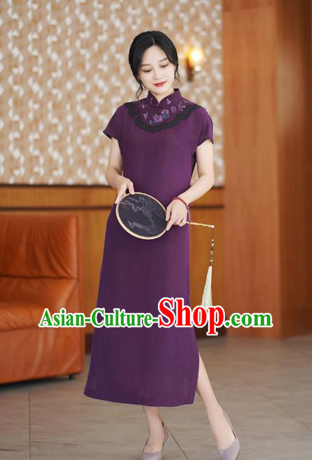 China National Stand Collar Qipao Costume Classical Embroidered Purple Silk Cheongsam Dress China National Stand Collar Qipao Costume Classical Embroidered Purple Silk Cheongsam Dress