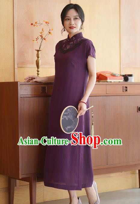 China National Stand Collar Qipao Costume Classical Embroidered Purple Silk Cheongsam Dress China National Stand Collar Qipao Costume Classical Embroidered Purple Silk Cheongsam Dress
