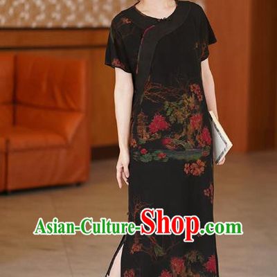 China National Modern Black Silk Qipao Costume Classical Cheongsam Dress