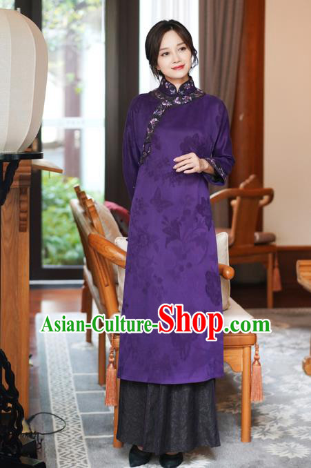 Republic of China National Female Purple Silk Cheongsam Classical Embroidered Qipao Dress Republic of China National Female Purple Silk Cheongsam Classical Embroidered Qipao Dress