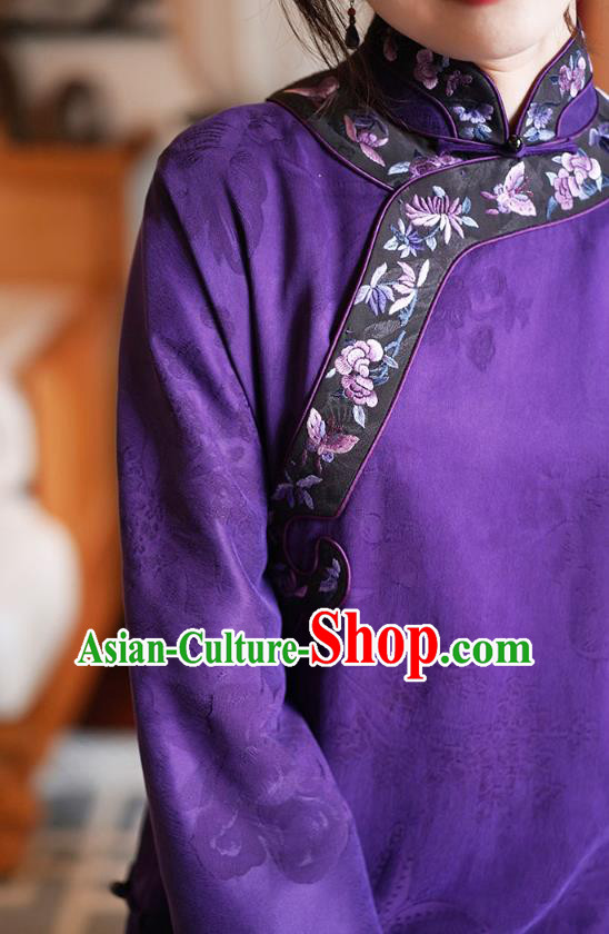 Republic of China National Female Purple Silk Cheongsam Classical Embroidered Qipao Dress Republic of China National Female Purple Silk Cheongsam Classical Embroidered Qipao Dress
