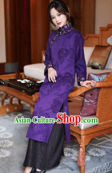 Republic of China National Female Purple Silk Cheongsam Classical Embroidered Qipao Dress Republic of China National Female Purple Silk Cheongsam Classical Embroidered Qipao Dress